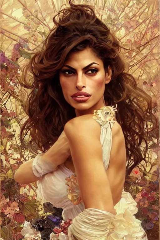 Image similar to Eva Mendes portrait, fantasy, elegant, intricate, by Stanley Artgerm Lau, greg rutkowski, thomas kindkade, alphonse mucha, loish, norman Rockwell