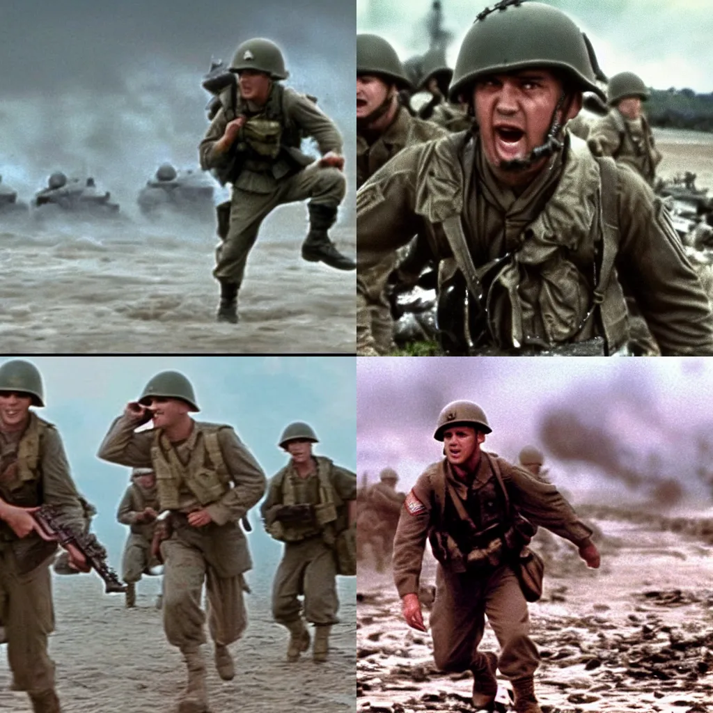 Prompt: film still from Saving Private Ryan of Sonic The Hedgehog storming Normandy beach as a ww2 soldier