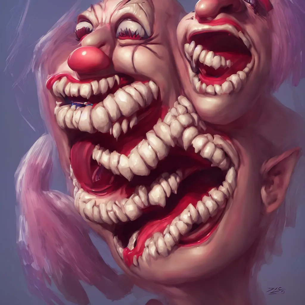 Image similar to a scary female clown laughing, directed gaze, full - body and head view, highly detailed, zeronis style, artstation, soft light, sharp focus, illustration, character design, concept art