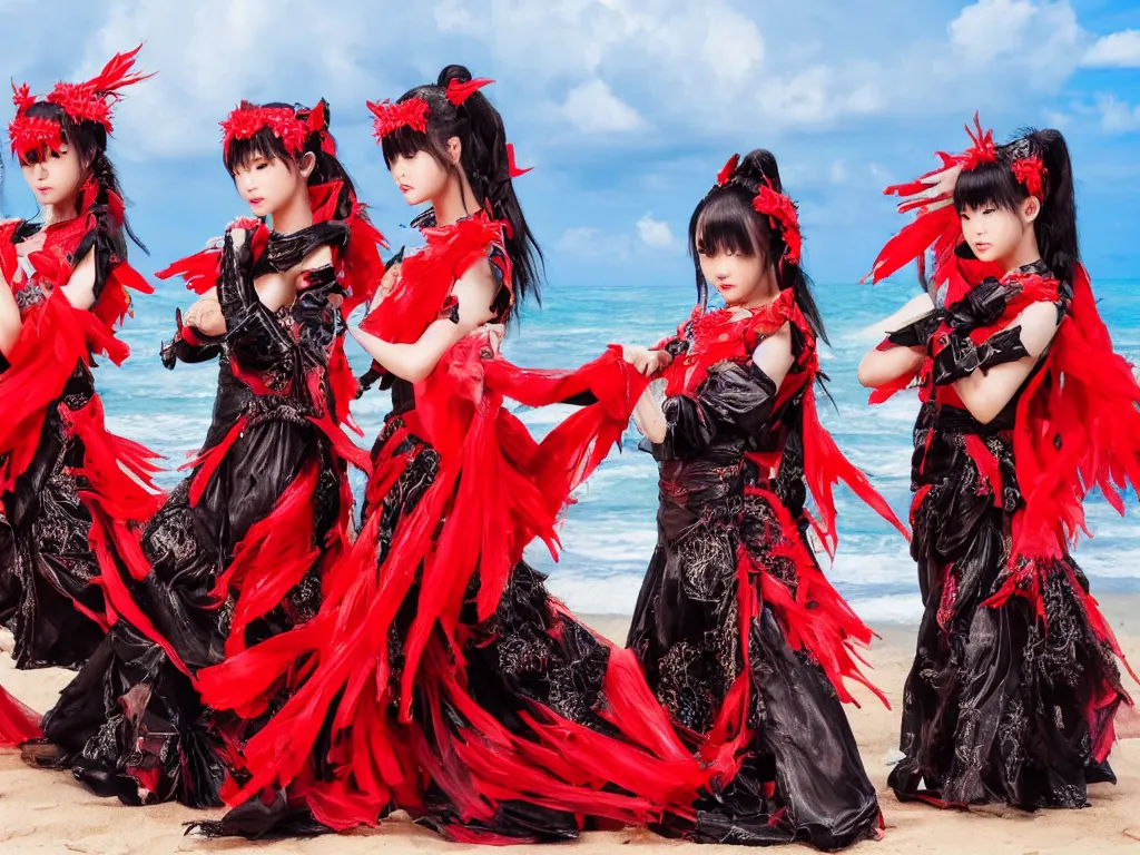 Image similar to babymetal 3 beautiful members performing on a tropical beach beautiful scenery, highly detail face, dynamic pose, High Definition detail, 8K, photography