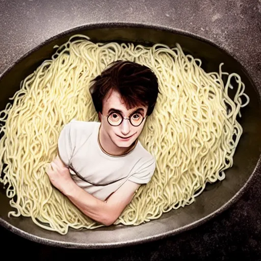 Prompt: Harry potter sitting in a bathtub full of noodles