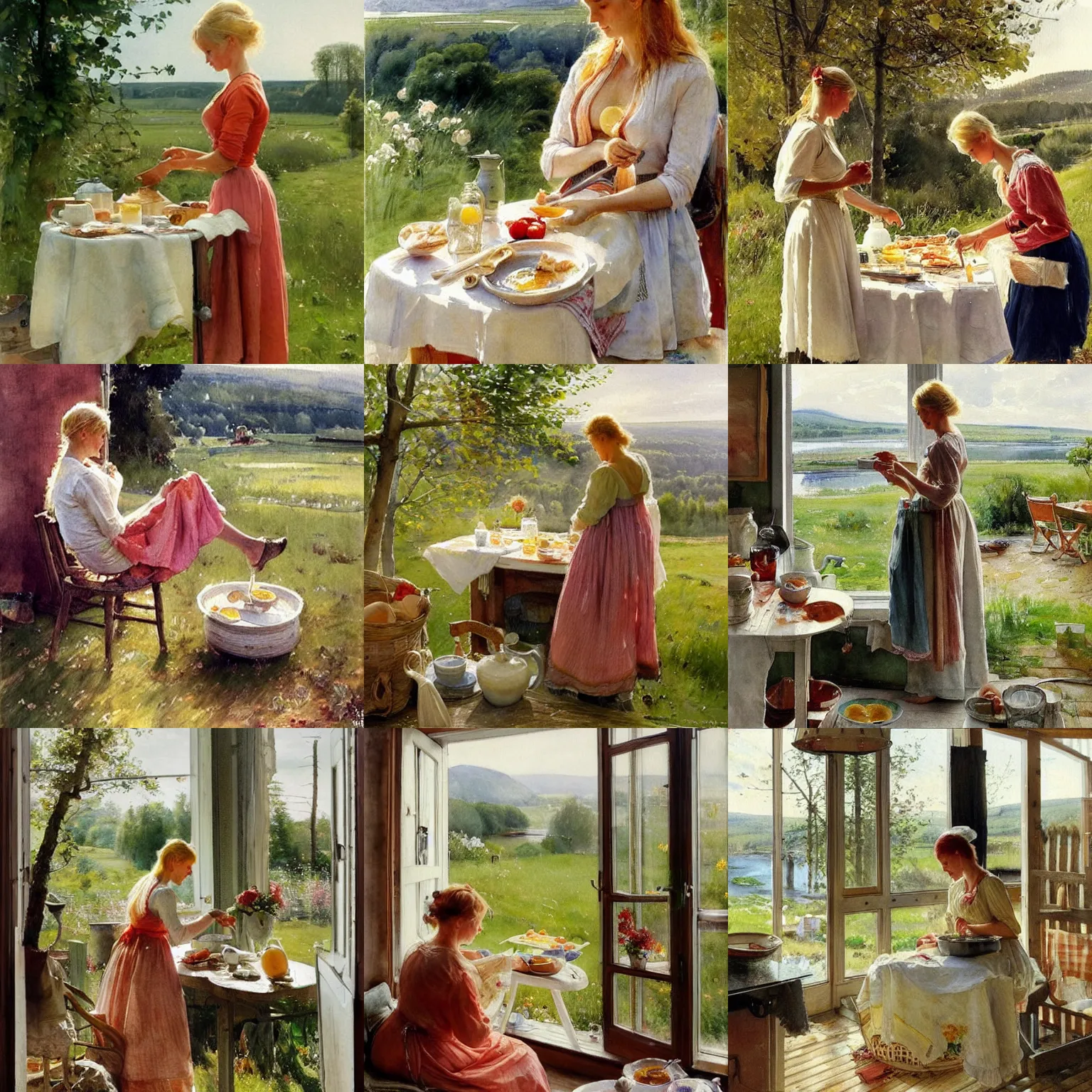 Prompt: hot blonde woman making egg and bacon breakfast, swedish countryside, seaview, morning, calm, watercolor painting by vladimir volegov, carl larsson, anders zorn