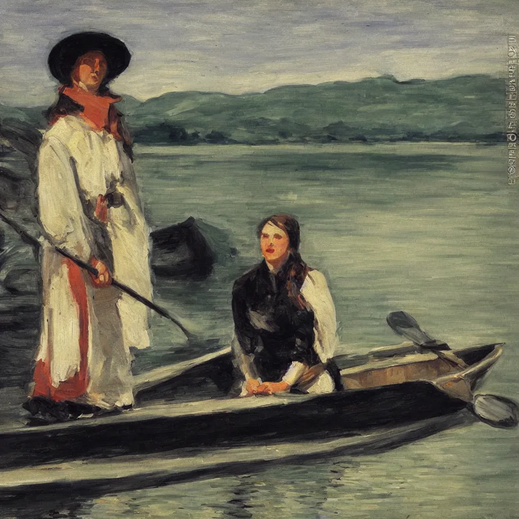 Image similar to beautiful woman standing in canoe on the hudson river, oil painting, style of george bellows