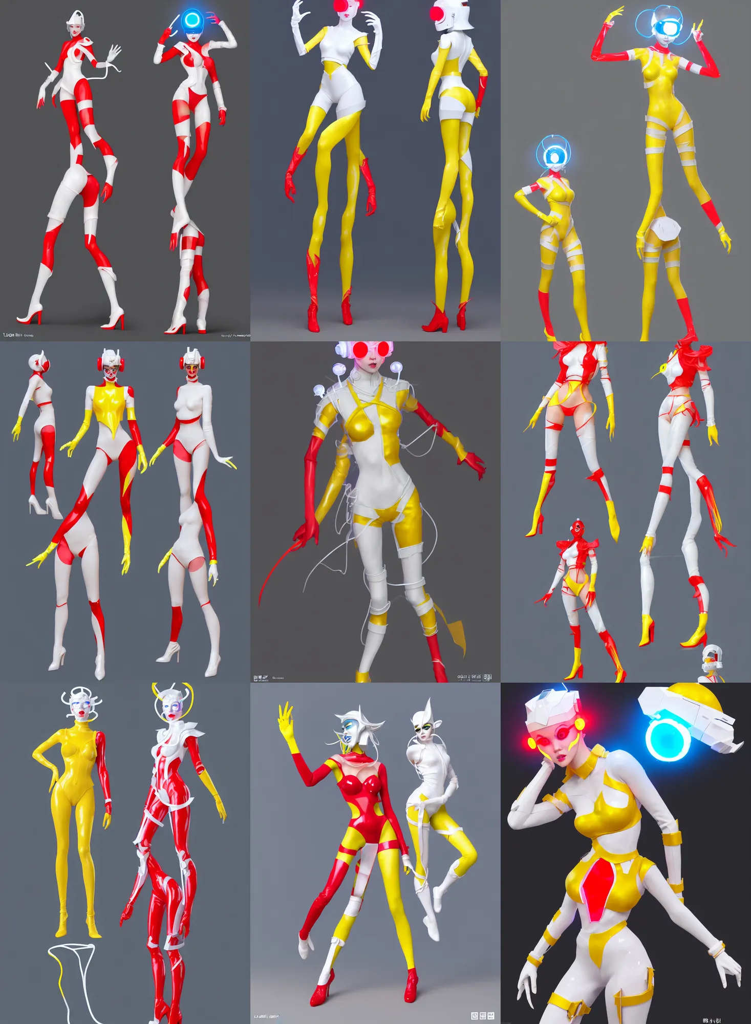 Image similar to a full body character design by loish, hong soonsang, tooth wu and zeen chin. laser white and yellow tape and red translucent plastic tape attctive showgirl!! sci - fi helmet with blue glowing eyes!! sharp edges. contour light!! ultra detailed, elegant, intricate, octane render.