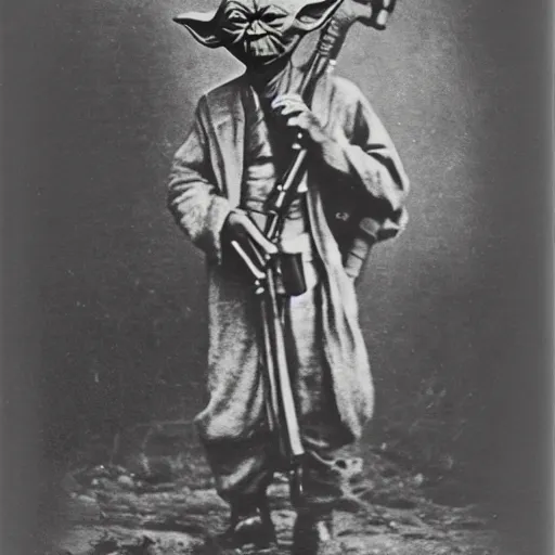 Image similar to old wartime photograph of yoda from star wards holding a lewis gun, grainy photo, sepia tone 1 9 1 7