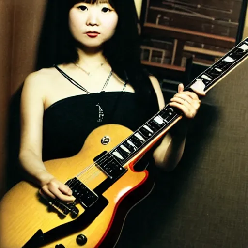 Prompt: real-life Yui with her giita Gibson Pre-'08 Les Paul Standard, a still of a Japanese music movie