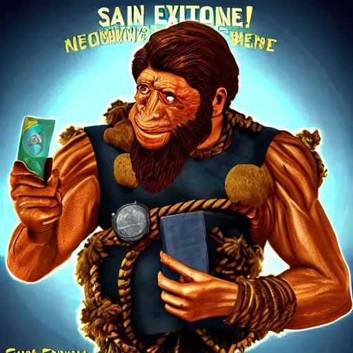 Image similar to saint homo neanderthalis portrait poster with book of science on his right hand, gta chinatown wars art style, bioshock infinite art style, hyperrealistic, rgba colors, remove duplicate content, justify contents center.