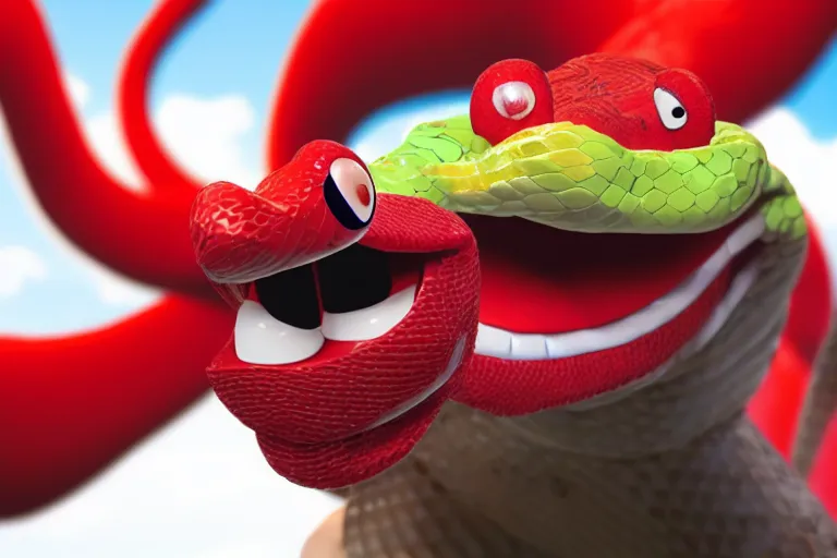 Prompt: A snake with a Elmo\'s head, photorealistic imagery, 8k quality