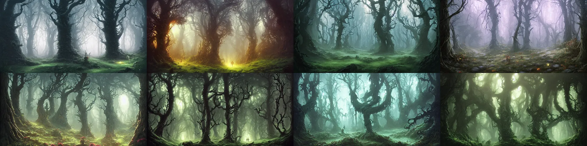 Prompt: enchanted magical fantasy forest, twisting trees, thick bushes, spike - like branches, dark atmosphere by andreas rocha