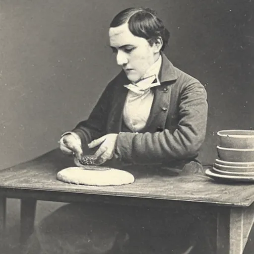 Image similar to an early 1800s photo of someone sitting at a computer making a donut in blender3d