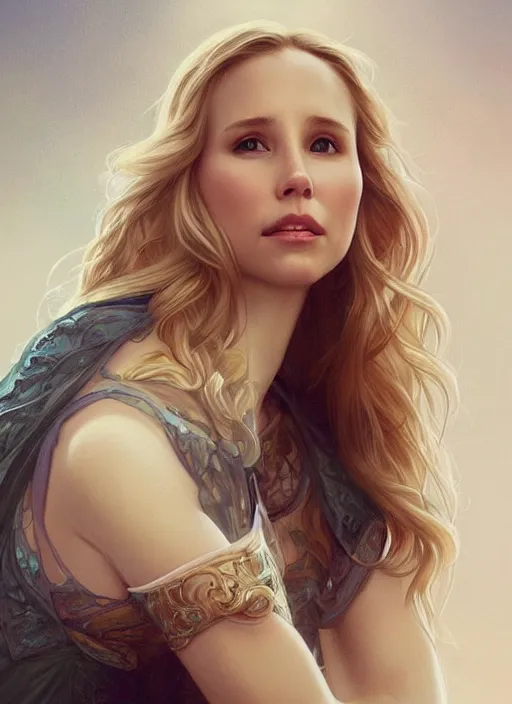 Image similar to beautiful portrait of alona tal and kristen bell, intricate, elegant, highly detailed, digital painting, artstation, concept art, smooth, sharp, focus, illustration, art by artgerm and greg rutkowski and alphonse mucha