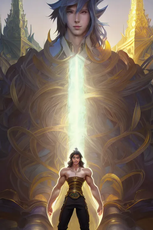 Image similar to fullbody portrait of a male fit hero with strange hairs, soft smile, final fantasy, league of legends champion, strong iridescent light, by chengwei pan and sakimichan and greg rutkowski and alphonse mucha, gradient white to gold, in front of a magical building background, highly detailed portrait, digital painting, smooth, focus illustration