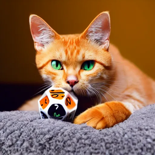 Prompt: Adorable orange tabby cat wearing headphones, wearing a collar with D20 dice on it, lying on a fuzzy blanket, in a sunbeam, Pixar, cozy, golden hour