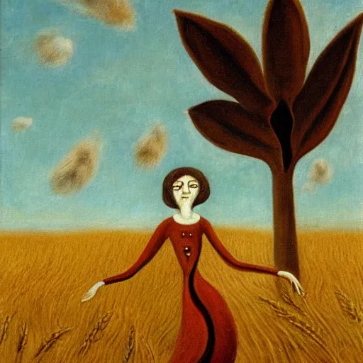 Image similar to by Leonora Carrington, a brown haired giantess rising above a field of wheat. Cats are playing. Oil painting, high res, art museum quality.