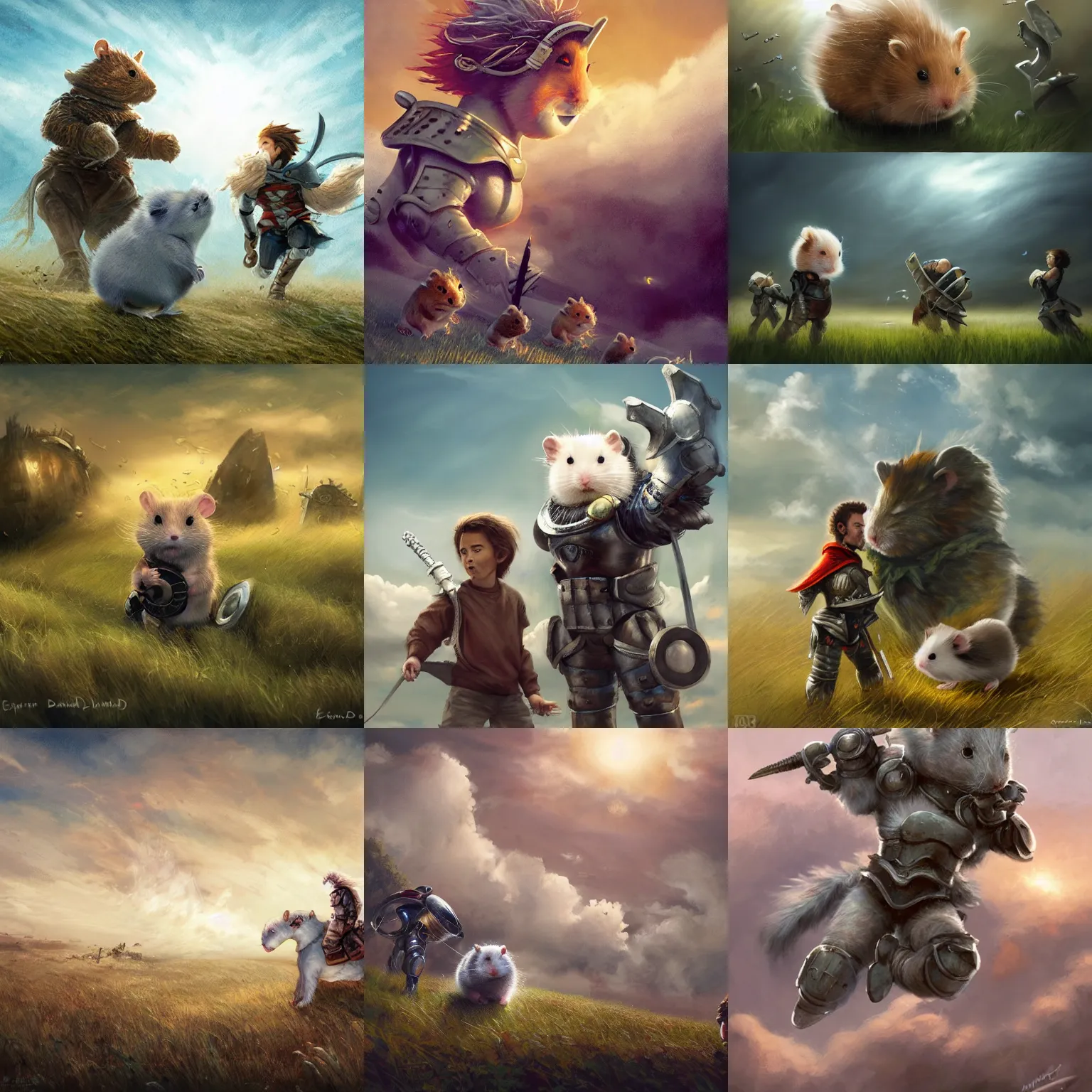 Prompt: Cloud_Champion_Hamster_knight_roaming_the_windswept_field_dave_dorman_edson_campos_christopher_young_jeff_simpson_allison_carl_hiro_izawa_paul_chadeisson