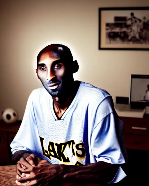 Image similar to portrait of kobe bryant, wrinkled, in 7 0 years old, wearing lakers jersey, photography by steve mccurry, 1 5 mm lens, in his study, trending on artstation