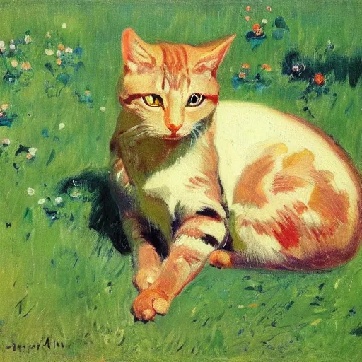 Prompt: a cat sitting on the grass, 1905, colourful oil on canvas, by Abram Arkhipov