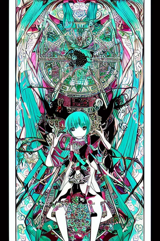 Image similar to hatsune miku, intricate, amazing line work, colorful, tarot cards, the devil tarot card