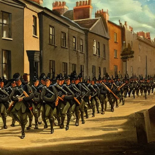 Image similar to painting of Irish rebel soldiers marching down a street in Dublin holding rifles, 4K detail