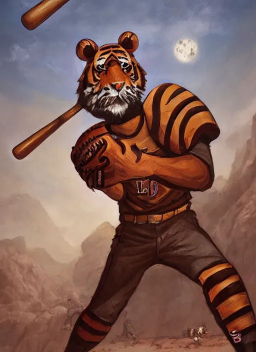 Image similar to fursona commission of a anthro tiger baseball pitcher wearing a baseball uniform in a baseball stadium. pretty, beautiful, DnD character art portrait, matte fantasy painting. Desert mining town. DeviantArt Artstation, by Jason Felix by Steve Argyle by Tyler Jacobson by Peter Mohrbacher, cinematic lighting