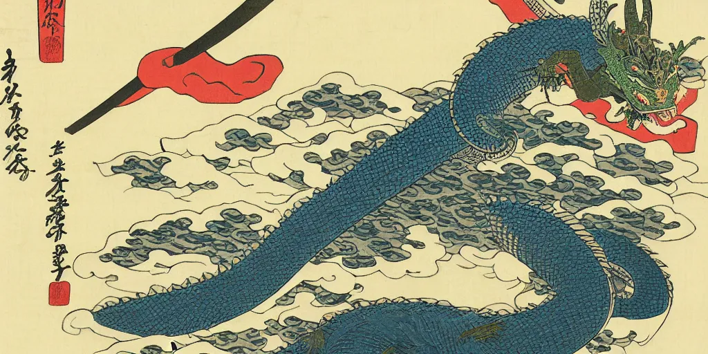 Image similar to ukiyo - e woodblock print of a water dragon flying over a shinto shrine, by hokusai