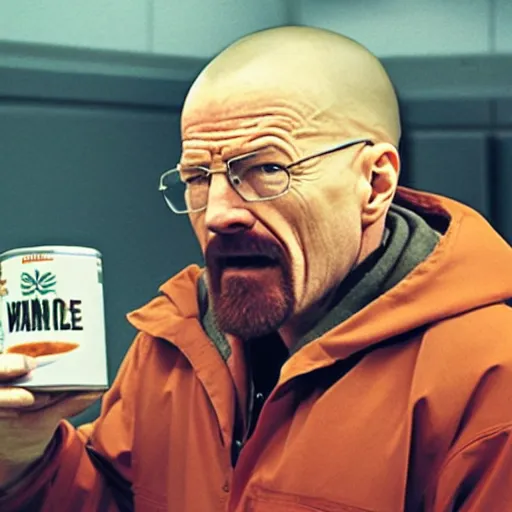 Image similar to Walter white yelling at a can of tomato soup