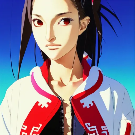 Image similar to a beautiful japanese natalie portman gravure model, wearing oversized native designer bomber jacket and leotard, bulky poofy bomber jacket with mesoamerican patterns, mesoamerican native street fashion, gapmoe yandere grimdark, trending on pixiv fanbox, painted by greg rutkowski makoto shinkai takashi takeuchi studio ghibli, akihiko yoshida