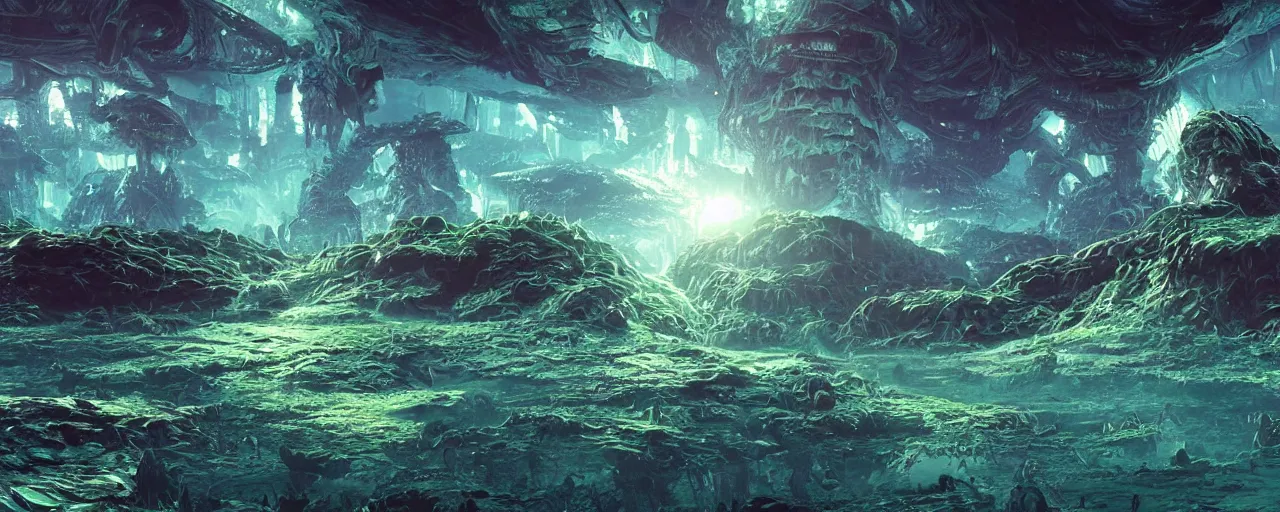 Image similar to ” water alien landscape, [ organic, liquid, cinematic, detailed, epic, widescreen, opening, establishing, mattepainting, photorealistic, realistic textures, octane render, art by slop and paul lehr ] ”