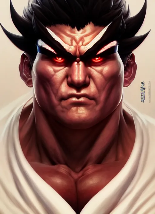 Image similar to symmetry!! portrait of evil ryu, street fighter iv, global illumination!! intricate, elegant, highly detailed, digital painting, artstation, concept art, smooth, sharp focus, illustration, art by artgerm and greg rutkowski and alphonse mucha