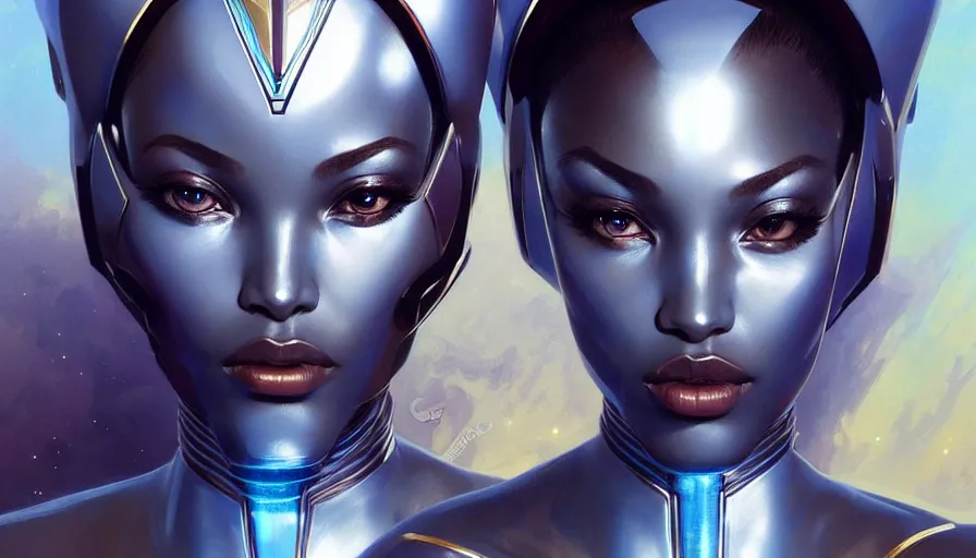 Prompt: concept art of very very very very very very beautiful african woman, spacesuit, futuristic cybernetic helmet, blue eyes, real life skin, intricate, elegant, highly detailed, artstation, concept art, smooth, sharp focus, art by artgerm and greg rutkowski and alphonse mucha