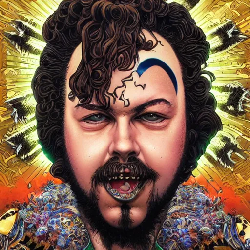 Image similar to portrait closeup of crazy post malone, symmetrical, by yoichi hatakenaka, masamune shirow, josan gonzales and dan mumford, ayami kojima, takato yamamoto, barclay shaw, karol bak, yukito kishiro