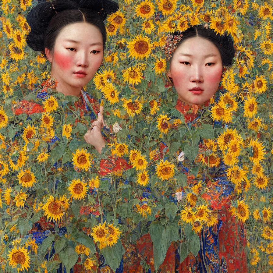 Image similar to a beautiful mongolian woman wearing colourful face paint surrounded by bright intricate patterns of sunflowers and other plants, by edgar maxence and caravaggio and michael whelan, intricate painting, hyperrealistic, finely detailed and beautiful aesthetic face, 8 k resolution