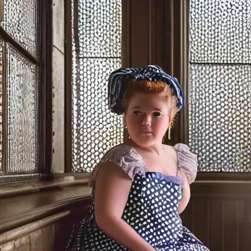 Image similar to charming and chubby girl, wearing a polka dot dress and a victorian - style hairdo on her head, sits in the large and bright studio. sunlight enters through the barred window. very realistic shiny skin. subsurface scattering shiny skin. beautiful lighting, 4 k post - processing, highly detailed, 5 k extremely detailed, 3 d. cinematic scene.