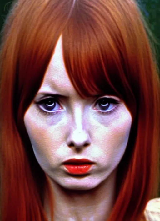 Image similar to 1973 film still from an Italian arthouse drama film of a bemused young Karen Gillan as the goddess of black leather staring deep into your soul. focused on her eyes. ultra detailed painting at 16K resolution and amazingly epic visuals. epically beautiful image. amazing effect, image looks gorgeously crisp as far as it's visual fidelity goes, absolutely outstanding. vivid clarity. ultra. iridescent. mind-breaking. mega-beautiful pencil shadowing. beautiful face. Ultra High Definition. godly shading. amazingly crisp sharpness. photorealistic film cel processed twice..