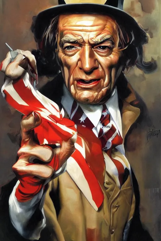 Prompt: expressive exaggerated portait painting of uncle sam, alex ross!!!, phil hale!!!!, visible brush strokes, graphic,'action lines '!!!!, striking, sharp, hd image