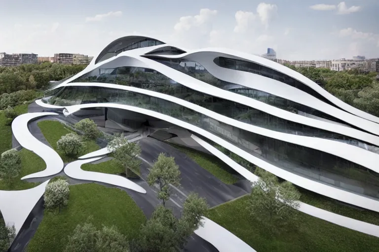 Image similar to a suburban office headquarters designed by zaha hadid