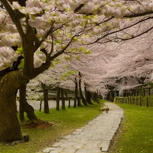 Image similar to stone path through a cherry blossom filled valley leading to a monastery, matte painting, adult swim