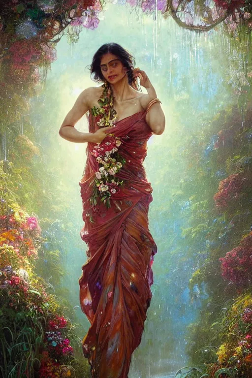 Prompt: portrait of a beautiful woman wearing a sari dress, holding a bouquet of flowing flowers, drenched body, wet dripping hair, emerging from the water, fantasy, regal, fractal crystal, fractal gems, by ross tran stanley artgerm lau, greg rutkowski, thomas kindkade, alphonse mucha, loish, norman rockwell