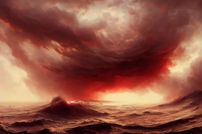 Image similar to turbulent ocean made of dark - red energy emanating mist under a bed of loquaciously indulgent cloudy skies, illustrated by greg rutkowski and gaston bussiere, artstation, cgsociety contest winner, intricately defined, complexly detailed, zbrush, mannerism, 4 k