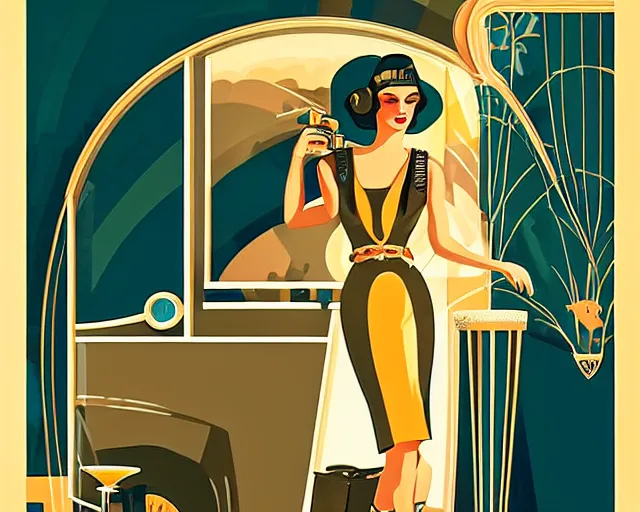 Image similar to 1 9 3 0 s teenager in art deco style, champagne commercial, artstation, illustration, bright, cheerful, detailed and intricate environment