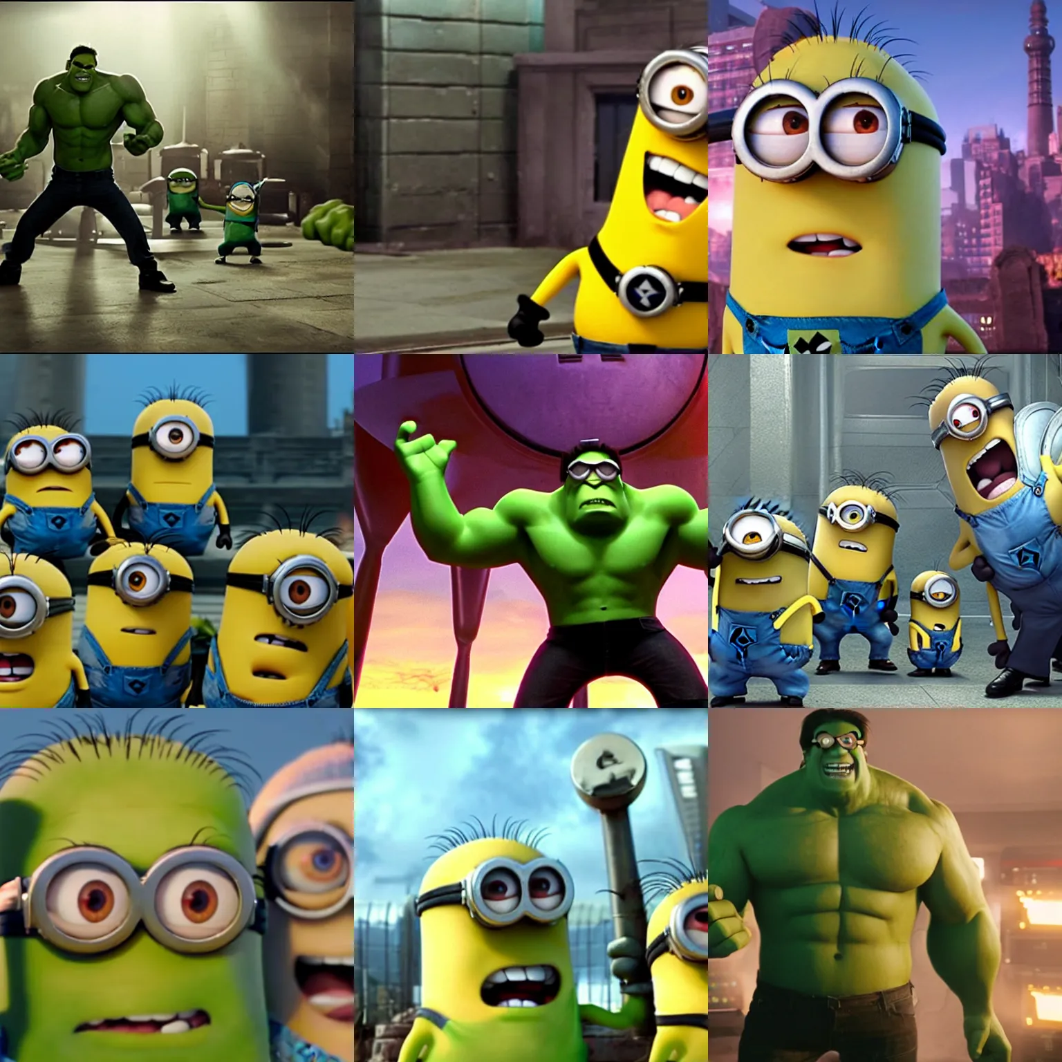 Prompt: minions from despicable me as the hulk in the avengers ( 2 0 1 2 ), cinematography
