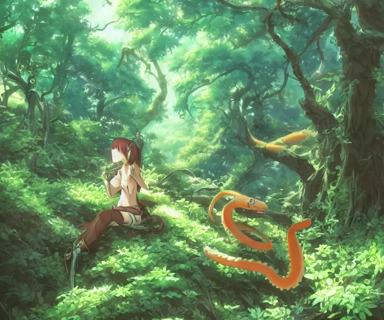 Image similar to gecko in a forest, anime fantasy illustration by tomoyuki yamasaki, kyoto studio, madhouse, ufotable, comixwave films, trending on artstation