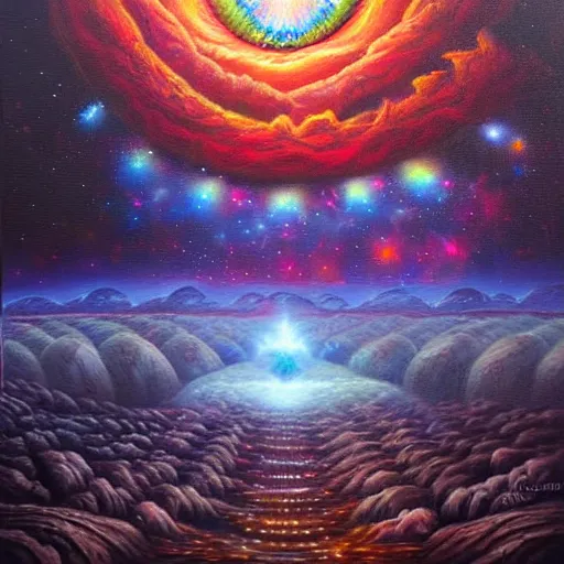 Image similar to facing the evil darkness dark star galactic nebular astral realm sacred journey in oil painting, trending on artstation, award winning, emotional, highly detailed surrealist art