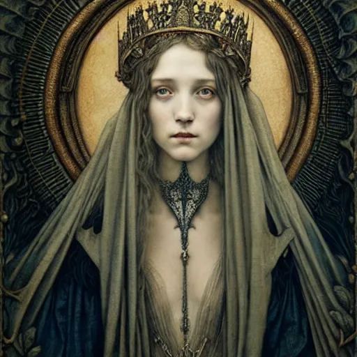 Prompt: detailed realistic beautiful young medieval queen face portrait by jean delville, tom bagshaw, brooke shaden, gustave dore and marco mazzoni, art nouveau, memento mori, symbolist, visionary, gothic, pre - raphaelite, ornate gilded medieval icon, surreality, ethereal, unearthly, haunting, celestial, neo - gothic, ghostly