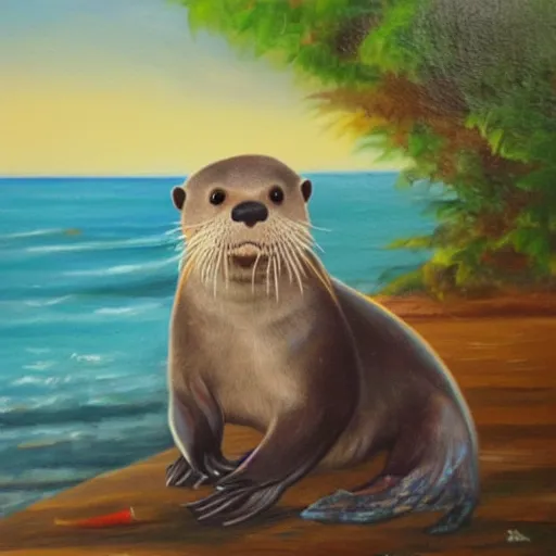 Prompt: An otter dressed as a pirate sitting on the beach, oil on canvas painting