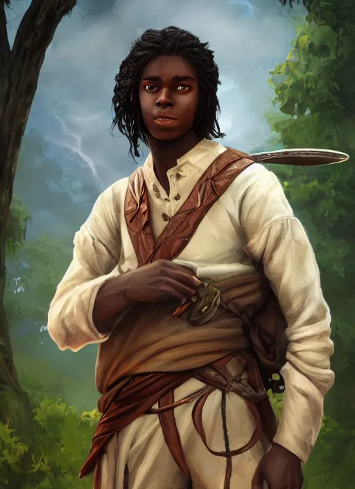 Image similar to An epic fantasy comic book style portrait painting of a young dark skinned long haired boy in plain peasant rags with intelligent eyes in the style of the wheel of time, unreal 5, DAZ, hyperrealistic, octane render, cosplay, RPG portrait, dynamic lighting