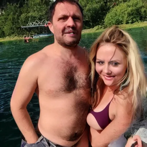 Image similar to photo of a 4 0 year old man that looks young for his age dating a very attractive 2 2 year old woman wearing a bikini. his wife is visibly upset in the background. lol