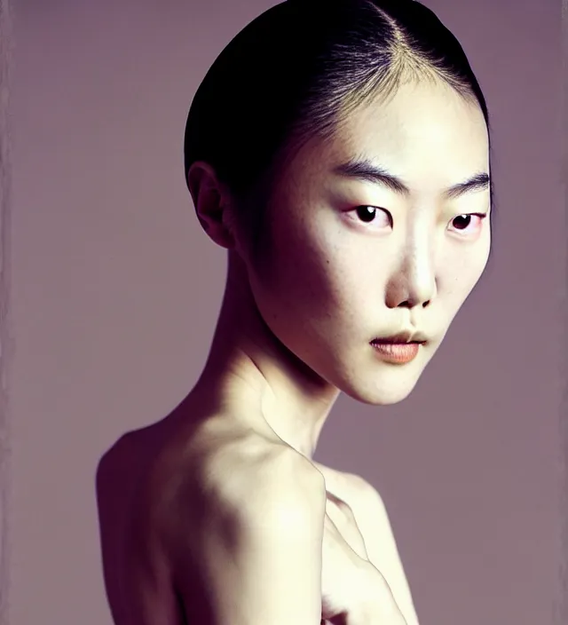 Image similar to photography american portrait of liu wen, natural background, sensual lighting, natural fragile pose, wearing stunning dress by iris van herpen, with a colorfull makeup. highly detailed, skin grain detail, photography by paolo roversi, nick knight, helmut newton, avedon, araki