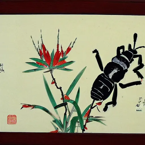 Image similar to a chinese painting of insect and plant by qi baishi