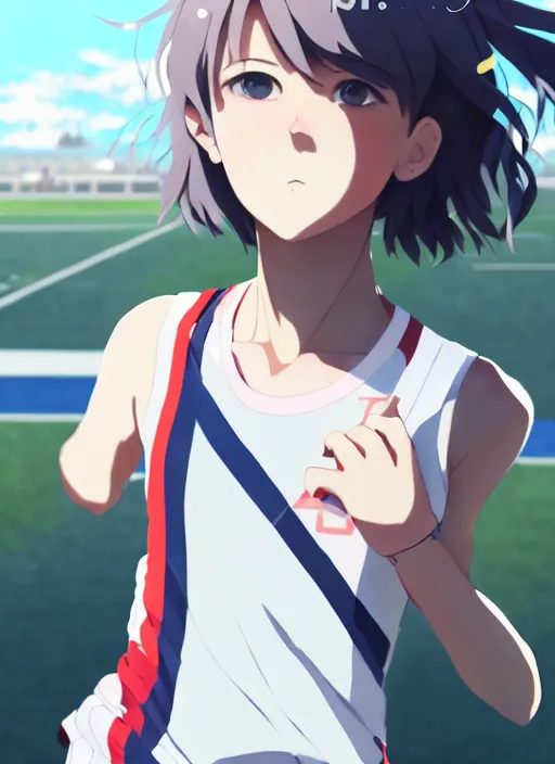 Image similar to portrait of high school runner girl, sunny sky background stadium landscape illustration concept art anime key visual trending pixiv fanbox by wlop and greg rutkowski and makoto shinkai and studio ghibli and kyoto animation symmetrical facial features short down hair sports clothing marathon race nike shirt realistic anatomy